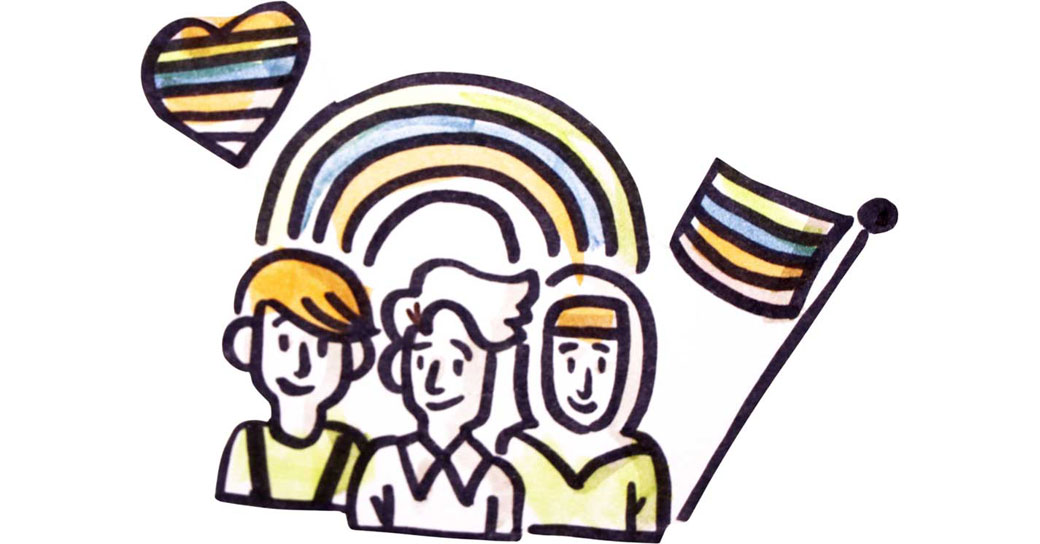 Zeichnung mit drei Personen, davon eine Frau mit Hijab, sowie einem Regenbogen, einem Herz mit Regenbogenfarben und einer Fahne mit Regenbogenfarben.
