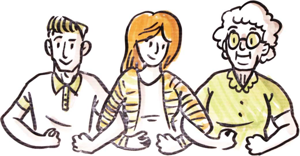 Zeichnung von drei Personen unterschiedlichen Alters nebeneinander stehend, ein junger Mann, eine Frau mittleren Alters und eine ältere Frau.