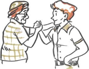 Zeichnung mit einer älteren Frau und einem jungen Mann, die sich die Hände reichen.